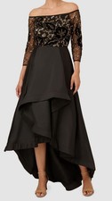 Adrianna Papell Womens Black Beaded Off-Shoulder 3/4-Sleeve Gown Dress Size 10