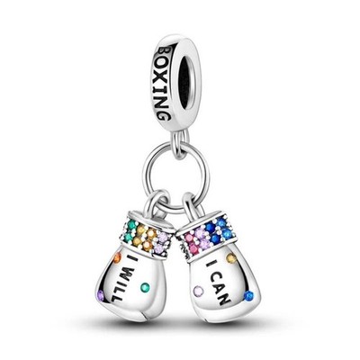 Sparkling Boxing Gloves Dangle Charm Fit Bracelet Necklace, 925 Sterling Silver