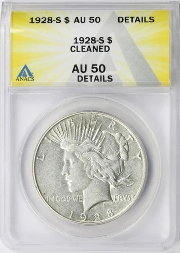 1928-S $1 Peace Dollar ANACS AU50 Details Cleaned