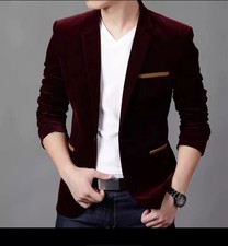 Giacca Uomo Velluto Bordo Slim Fit Elegante Taschino Contrasto Serate FR52984