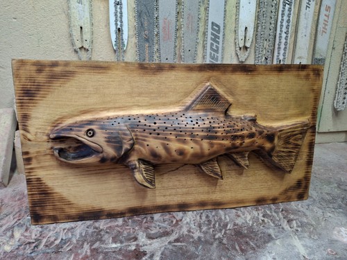 Chainsaw Carved Trout Fly fishing Wall art Wood Carving Fish Rustic Decor Salmon - Picture 9 of 24