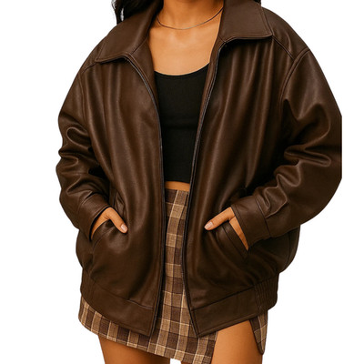 Womens Oversized Real Sheepskin Leather Jacket Coat Brown Colour Vinatge Style