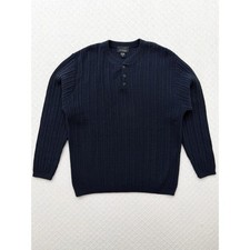 Vintage Bill Blass Studio Navy Mixed Ribbed Knit Henley Sweater Mens XL USA Made