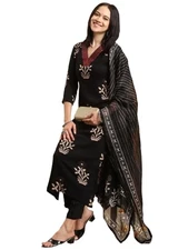 GoSriKi Women's Rayon Blend Straight Printed Kurta with Pant & Dupatta