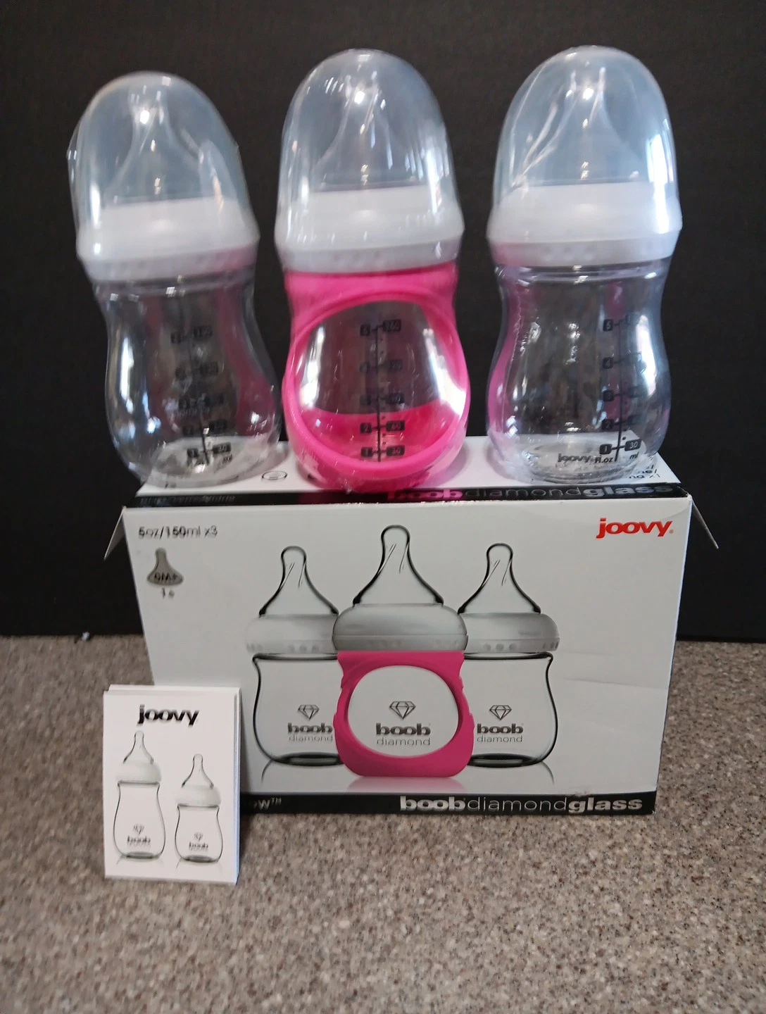 3 NEW Joovy CleanFlow Boob Diamond Glass Baby Bottles 5oz With Pink Sleeve 2170