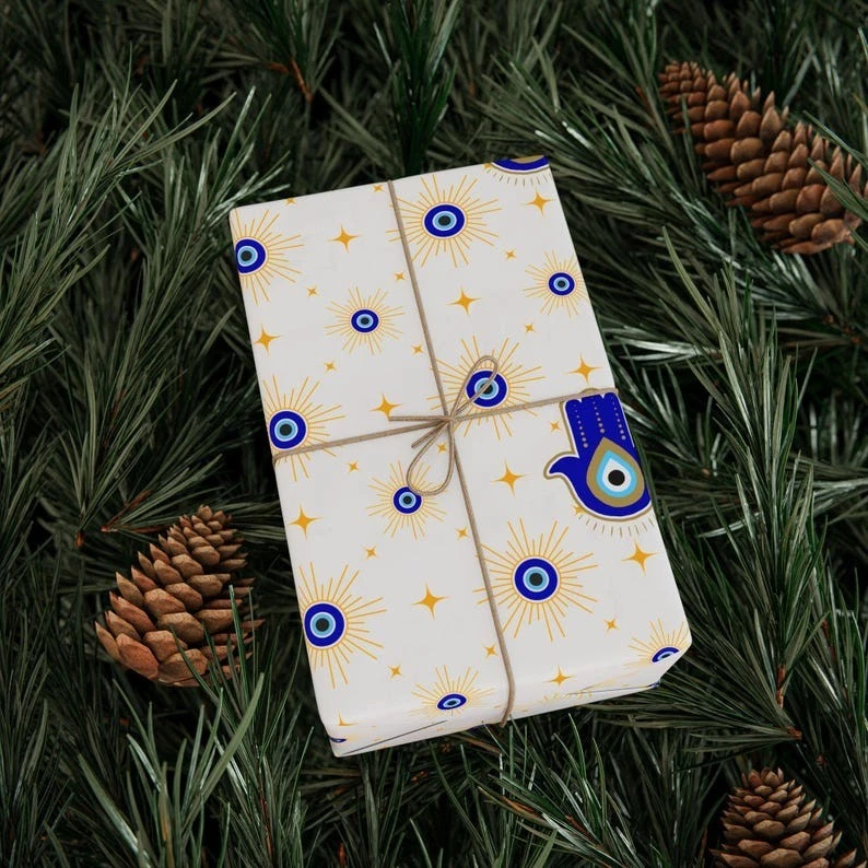 Evil Eye Protection Wrapping Paper, Blue Symbol Holiday Gift Wrap