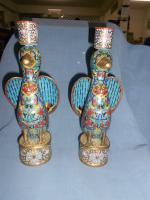 Pair of Chinese Cloisonne Enamel Duck Candlestick Holders 10 3/4 inches tall