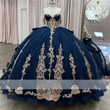 Navy Blue Shiny Quinceanera Dress Applique Lace Bow Bead Crystal Corset Sweet 16