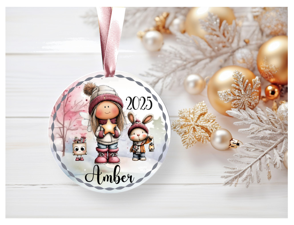 Personalisierter Holz Christbaumschmuck Ornament Mädchen Hase in Geschenkbox