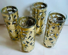 4 1960s Drinking Glasses Encased in Antique Brass, etched cutwork, handcrafted