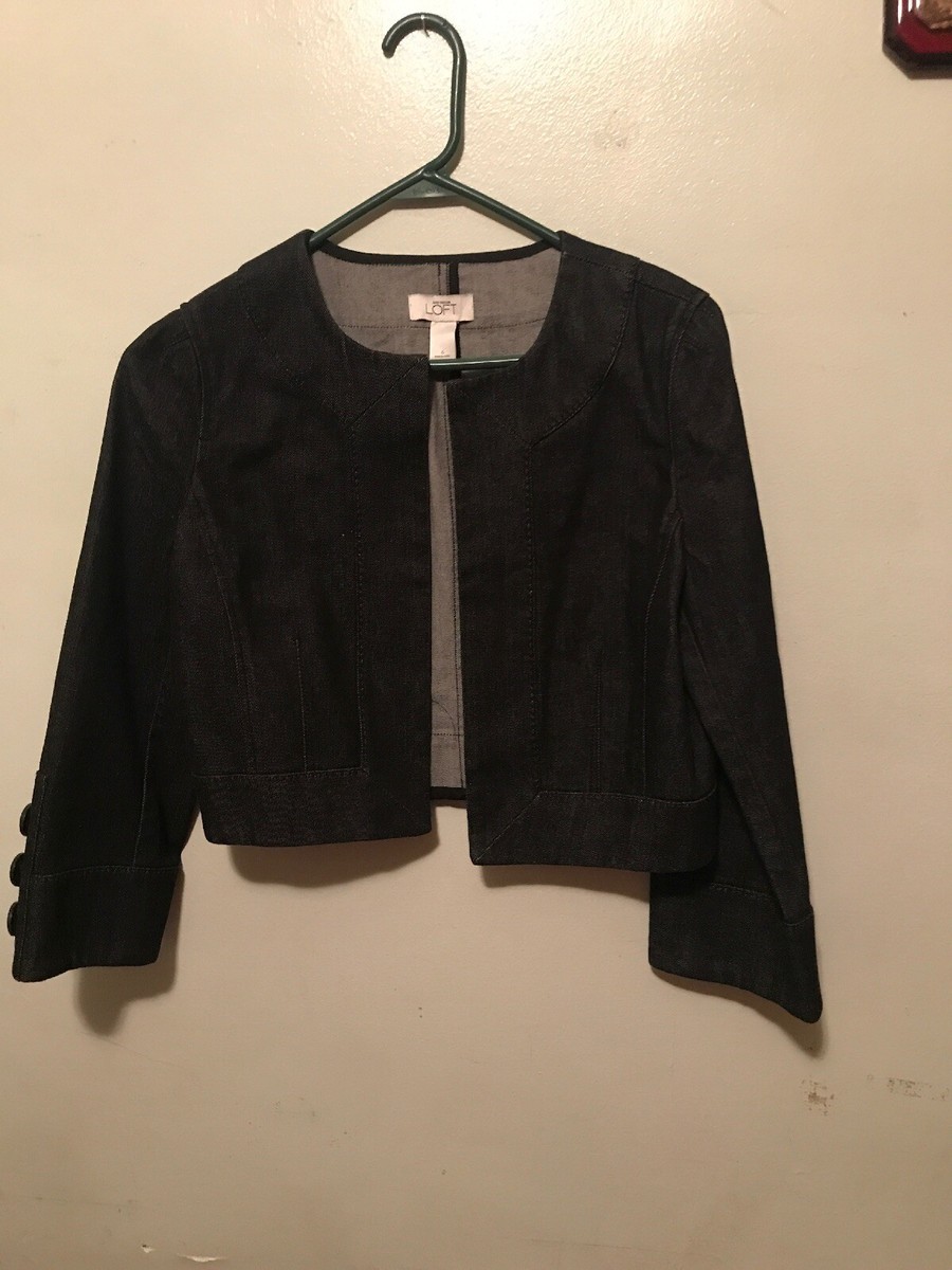 Ann Taylor LOFT Crop Cropped Jean Jacket 3/4 Sleeves Dark Blue