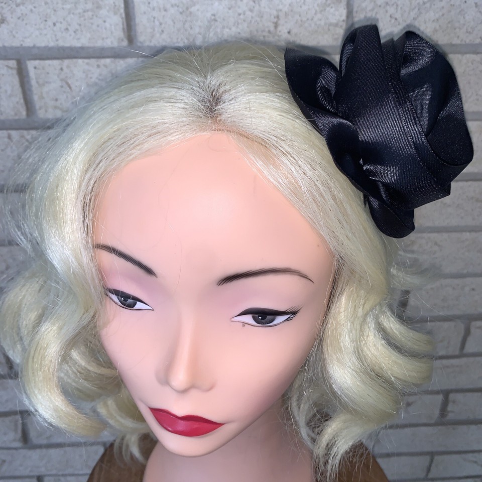 Ooak Taissa Lada Black Satin Flower Hair Clip Beaded Rhinestone Cluster