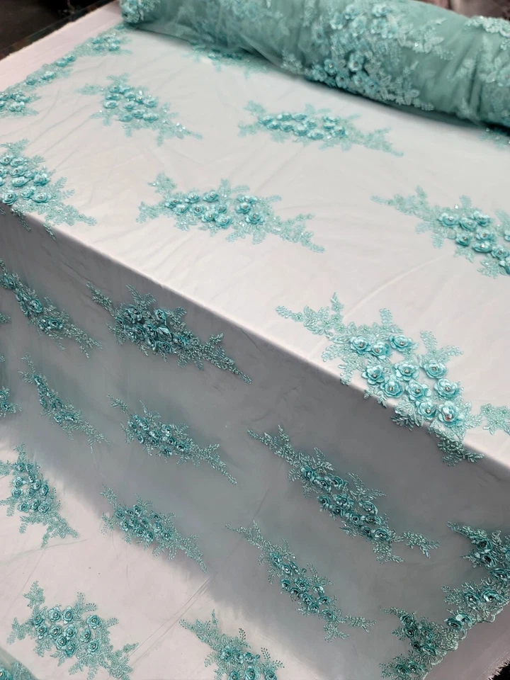 Mint 3D Floral Lace Fabric by the Yard Flowers on Mint Mesh for Dresses Prom - Image 3 of 4
