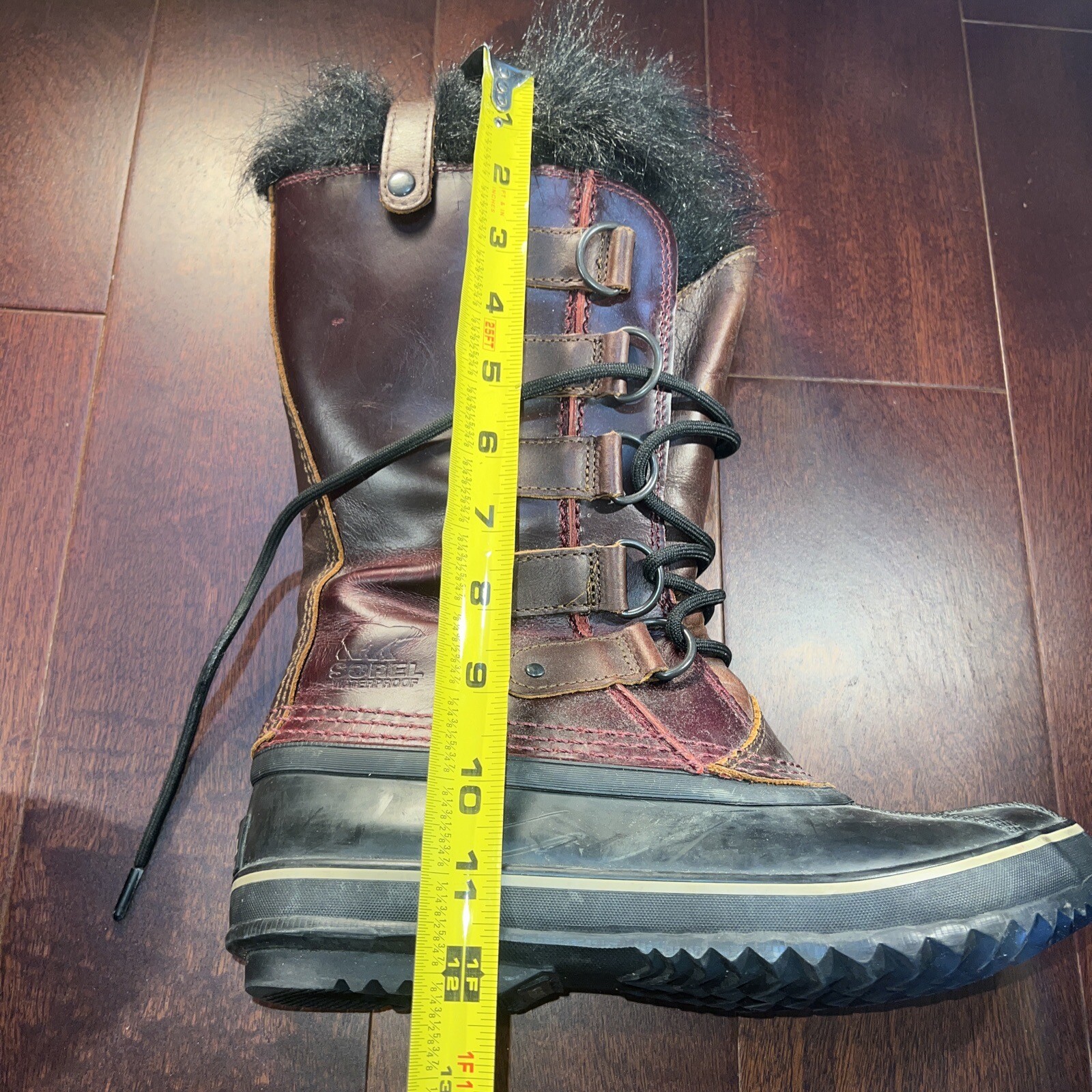 Sorel Waterproof Womens Faux Fur Dark Red Brown Leather Rain Winter Boots tall