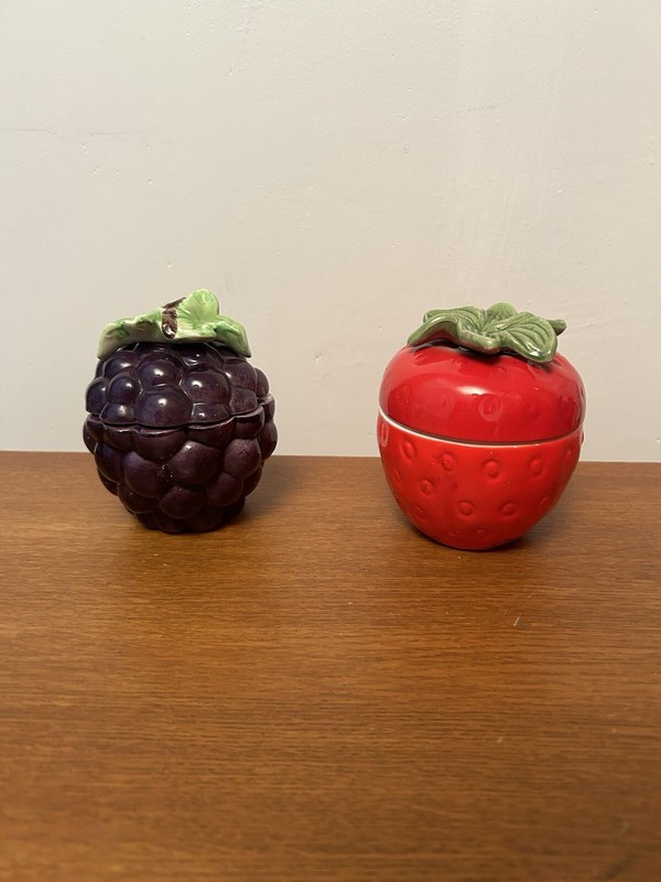 Vintage Strawberry & Grapes Fruit Shaped Jelly Jam Jars Dishes
