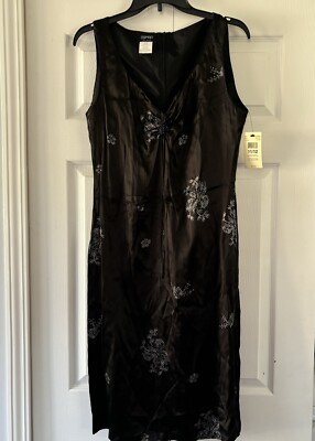 Vtg Esprit De Corp 11/12 Silky Rayon Black Floral Midi Dress New