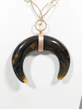 Gold Tone Matte Crescent Moon Acrylic Horn Boho Necklace 34 in
