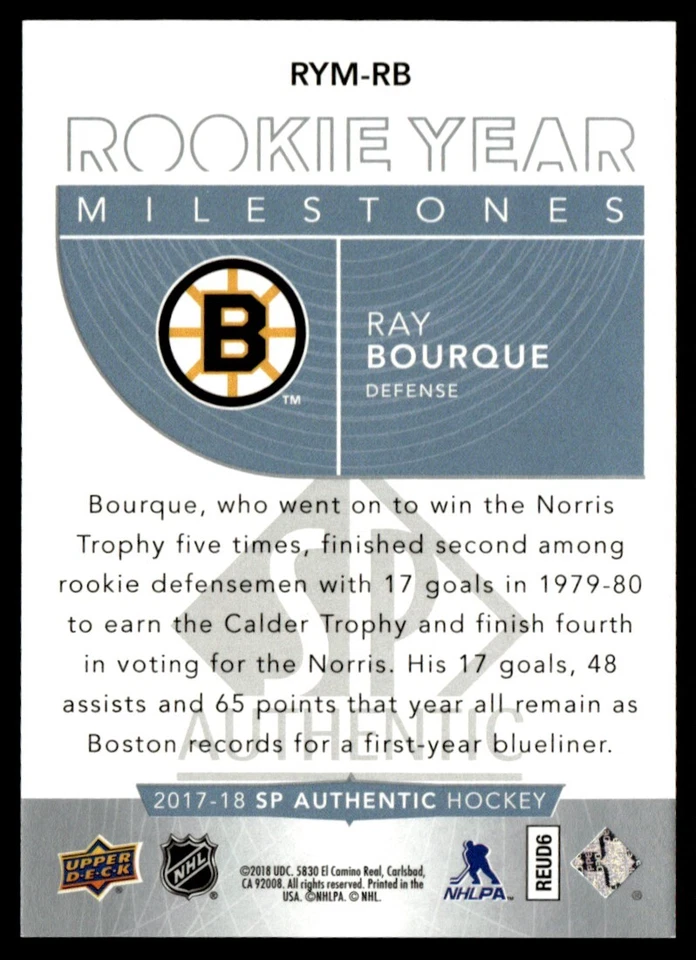 2017-18 SP Authentic Rookie Year Milestones Ray Bourque #RYM-RB - Image 2 of 2