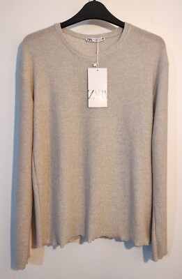 Zara Nude Silber Metallic Faden Pullover Oberteil Gr. S Langarm