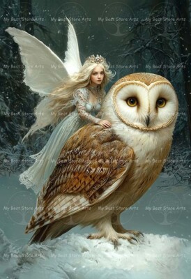 SNOW FAIRY AND OWL ART PRINT, Winter Fae Poster, Fairytale, Gothic Decor F007