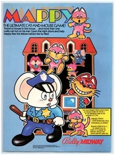 1983 Bally Midway Print Ad, MAPPY Video Game Cat and Police Mouse in House Shirt