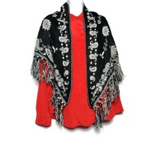 Vintage Glentex Black Paisley Acrylic Triangle Scarf Fringe Japan 55"