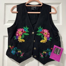 NWT Carole Little Medium Folk Art-to-Wear Floral Black Jean Vest Jacket