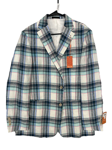 TALLIA Blazer Jacket Mens Size 42L White Blue Pink Plaid Slim Fit 100% Linen NWT