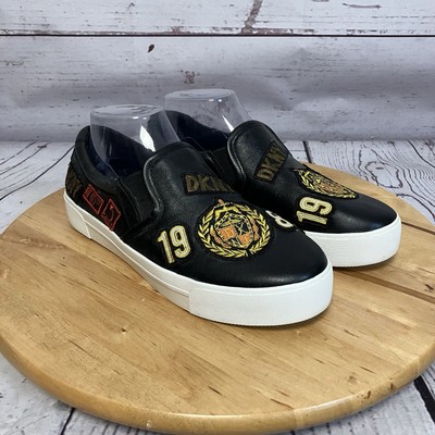 DKNY Shoes Womens Size Baylee Black Leather Patchwork Slip-On Embroidered 