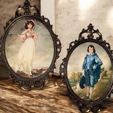 Vintage Victorian Pinky and Blue Boy Painting Prints Bubble Glass Brass Frame