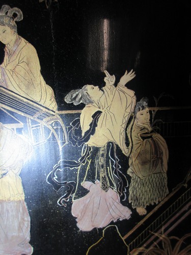 Vintage Chinese 4-Panel Black Lacquer Screen Court Scene Gilt Hand Painted VGUC - Picture 10 of 15