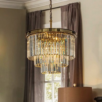 OpenBox 6-Lights Mid-Century Antique Gold 3-Tier Round Fringe Crystal Chandelier