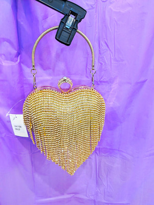 Gold Tone Heart Clutch Top Handle Rhinestone Fringe, Detachable Chain Strap