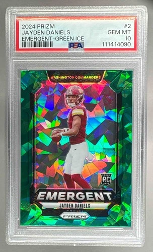 111414090 Jayden Daniels 2024 Panini Prizm #2 Green Ice Emergent RC PSA 10