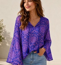 Banana Republic XS Boho Tassel Blouse Semi Sheer Flare Sleeve V- Hem Peasant Top