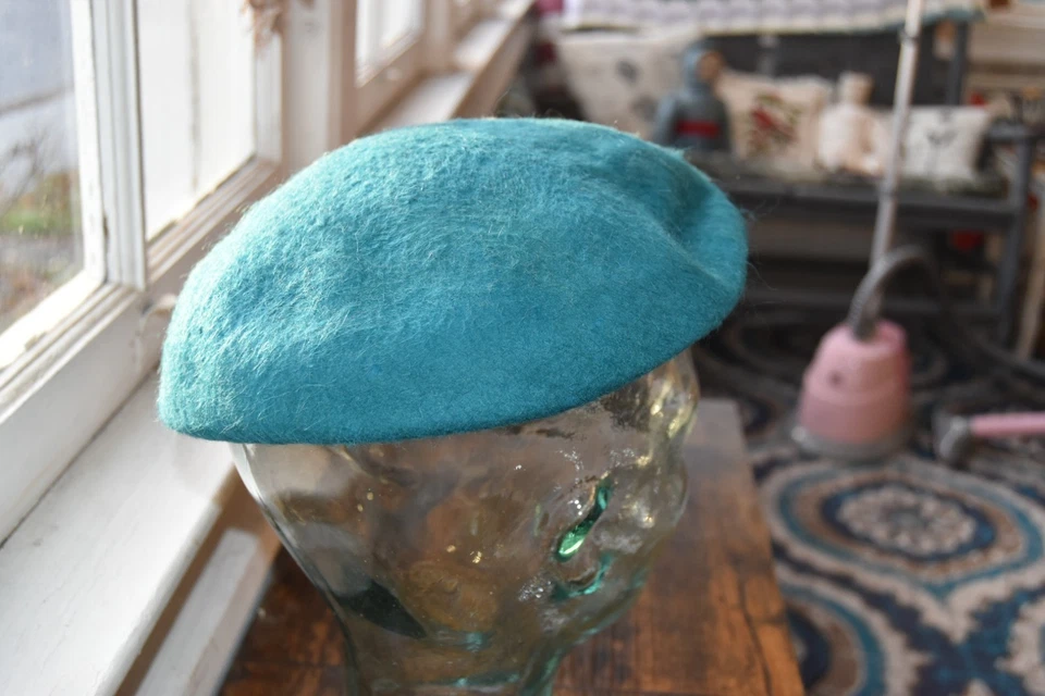 复古 20 世纪 50 年代或 60 年代 Union Made Teal Beret 风格帽子 6.5 码 — 第 4/4 张图片