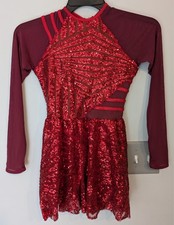 Red Curtain Call Adult SM Dance Costume, sheer sleeves, fully lined, high neck