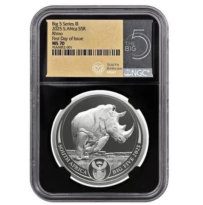 #ad 2025 South Africa 1 oz Silver Big 5 III Rhino BU NGC MS70 First Day Of Issue $179.95