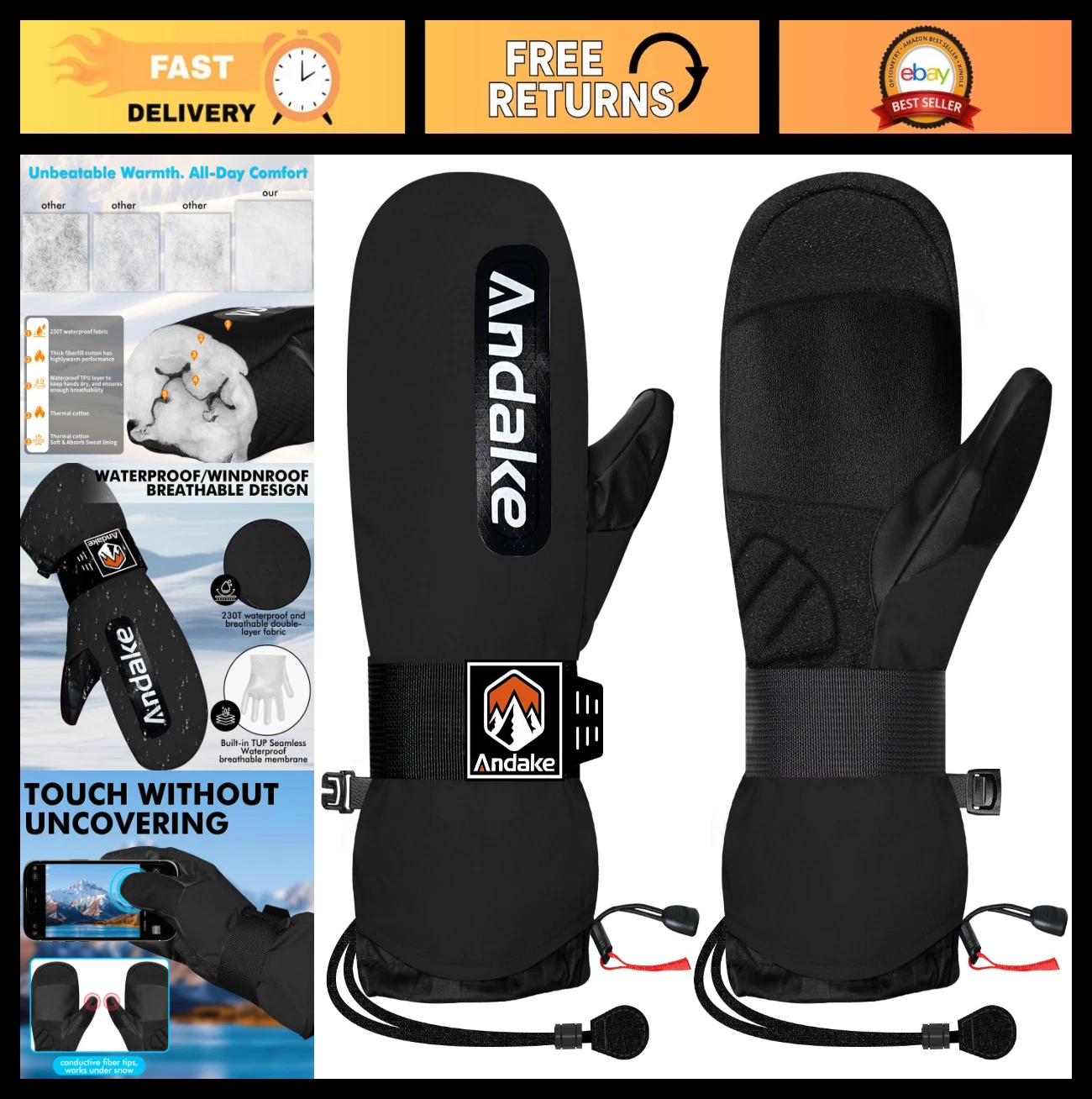 Waterproof Insulated Ski Mittens for Men, Women & Teens - Warm Snow Gloves for W