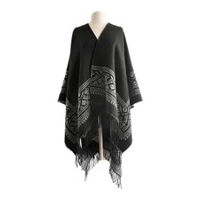 Soft Surroundings Poncho Blanket Black Tribal Fringe Hem Open Front