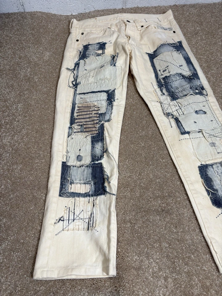 Ralph Lauren Denim & Supply Jeans Patchwork Distressed Cream Indigo Khaki 30x27 - Image 2 of 4