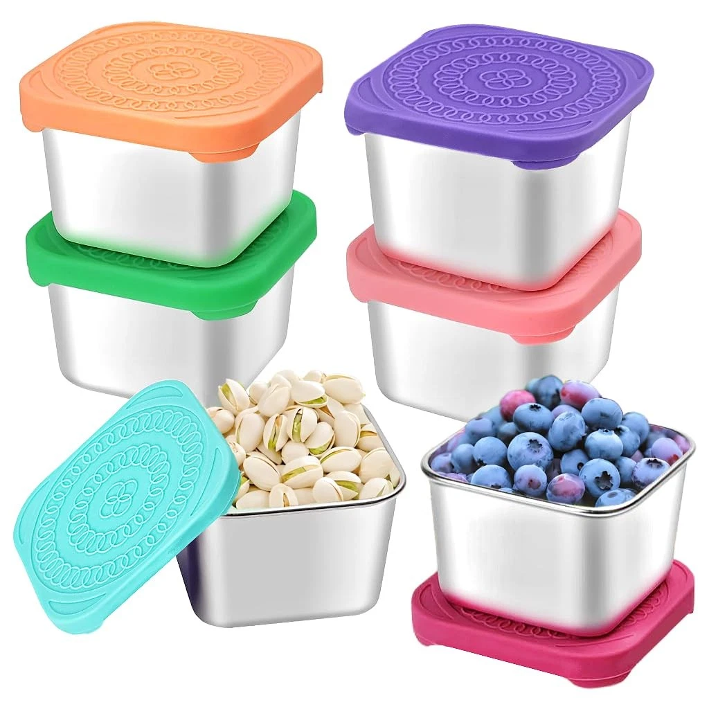 6Pack 6oz Stainless Steel Snack Containers for Kids, Easy Open Leak Proof Met...