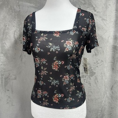 NEW No Boundaries Mesh Floral Square Neck Top Y2K Fairy Grunge Romantic Sz S