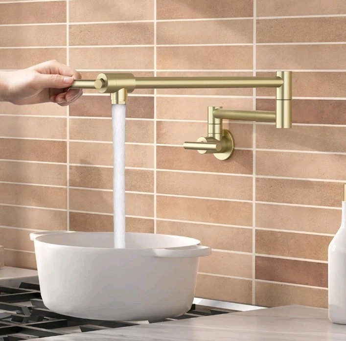 Classy Brushed Gold Pot Filler Faucet Over Stove, Wall Mounted Pot Filler Faucet
