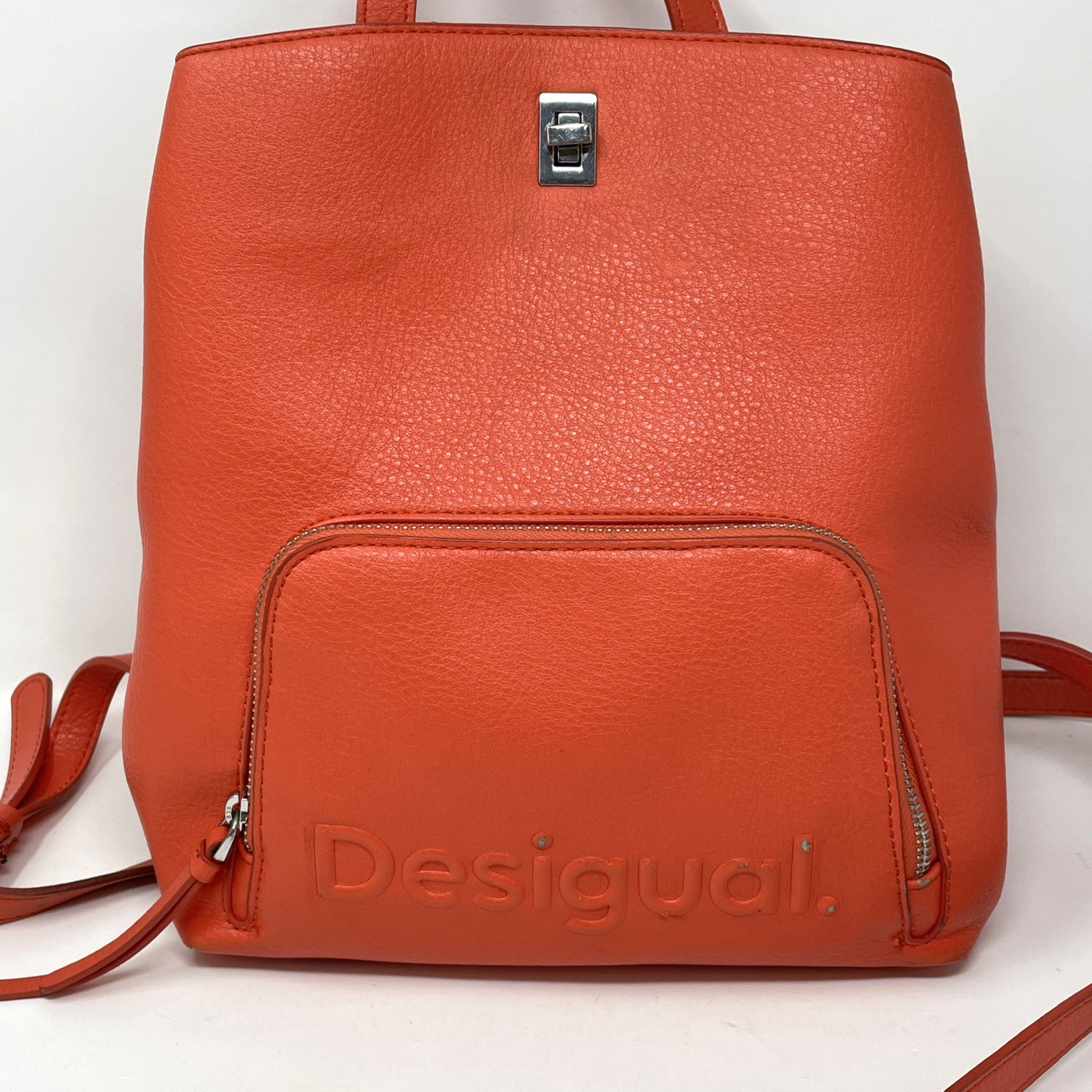 Desigual Orange Backpack Multi Position Faux Leat… - image 2