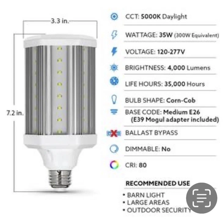 Feit Electric300-Watt Equivalent Corn Cob E26 /E39 High Lumen HID Utility LED - Image 2 of 4