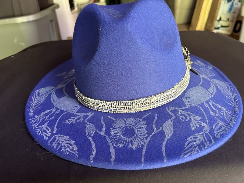 Blue Felt Wide Brim Fedora Hat Rhinestone Band Feather Accent, Women’s One Size