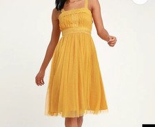 Lulus Forever Love Golden Yellow Swiss Dot Sleeveless Dress Size S 122925-2Clo2