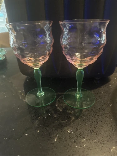 Watermelon Vaseline Uranium Depression Glass Champagne/Wine Glasses