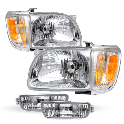 Chrome Headlights Assembly Lamps + Bumper Lights Set For 2001-2004 Toyota Tacoma